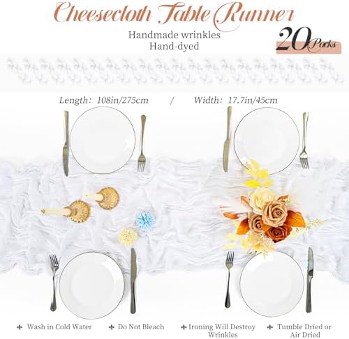 Teruntrue 20 Pack White Cheesecloth Table Runner 17x108 Inch, Boho Gauze Sheer Fabric Cheese Cloth Table Runners for Wedding Party Bridal Shower Baby Shower Birthday Home Decor Garden Farmhouse - Image 2