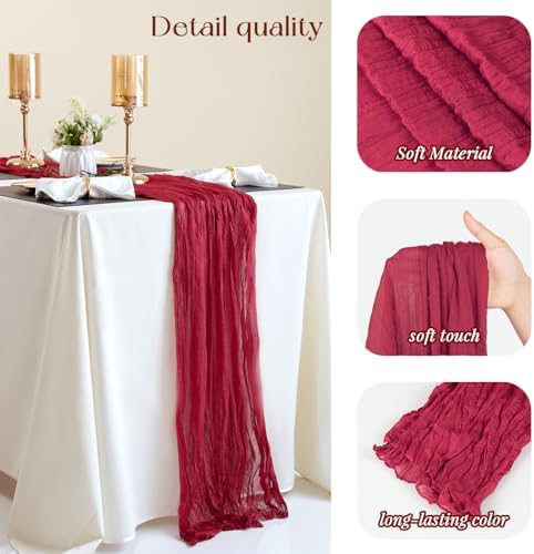 Sioloc Burgundy Red Cheesecloth Table Runner Fall Autumn Decor for Home 10ft Table Cloth for Wedding Birthday Party Bridal Shower Christmas Halloween Thanksgiving - Image 2