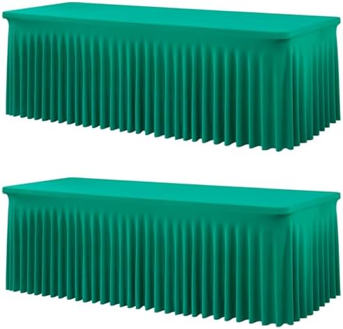 2 Pack Emerald Green Spandex Tablecloths for 8 Foot Rectangle Tables, Wrinkle Free Fitted Table Cloths Green 8ft Stretchy Table Cloth Cover with Skirt for Parties Weddings Birthday Banquet Baby Shower by Htper