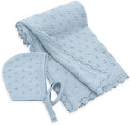 LifeTree Knit Baby Blanket & Hat, 100% Cotton Soft Swaddle & Receiving Blanket for Toddler, Lightweight & Breathable Newborn Blanket Unisex for Crib, Stroller, 31X40 Inches, Shower Registry Gift, Blue by LifeTree