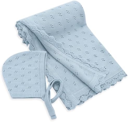 LifeTree Knit Baby Blanket & Hat, 100% Cotton Soft Swaddle & Receiving Blanket for Toddler, Lightweight & Breathable Newborn Blanket Unisex for Crib, Stroller, 31X40 Inches, Shower Registry Gift, Blue by LifeTree