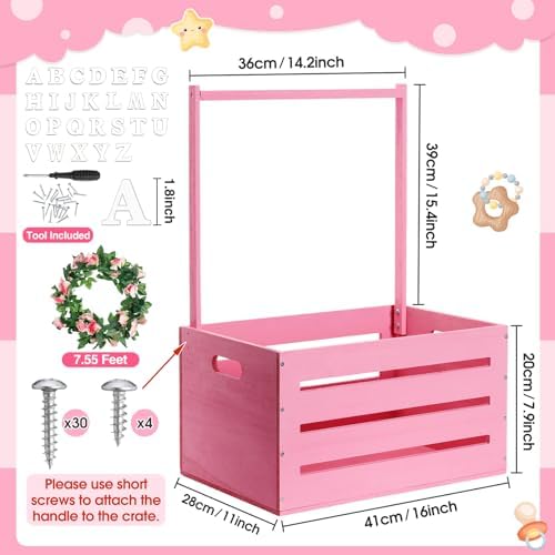 Barydat Wood Baby Shower Basket with Hanger Rack Crate Closet, Pink - Image 2