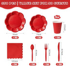 Vyntra Red Paper Plates, Cups & Napkins, 350 Pcs Scalloped Party Set - Image 2