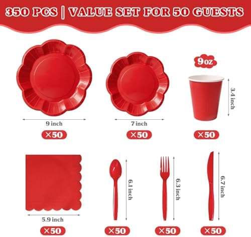 Vyntra Red Paper Plates, Cups & Napkins, 350 Pcs Scalloped Party Set - Image 2