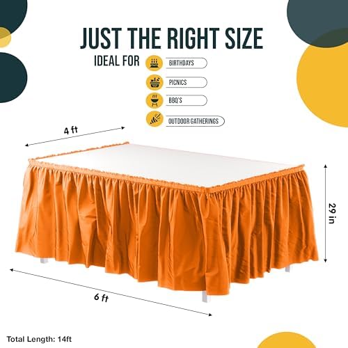 Exquisite Orange Table Skirt 12 Pack - Disposable Plastic Table Skirts for Rectangle Tables 6ft 8ft & Round Tables - 29in x 14ft Self-Adhesive Strip - Birthday Wedding Gender Reveal Decor - Image 4