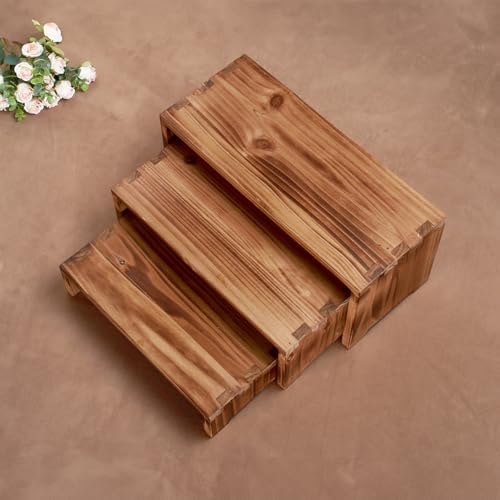 DAOYOUSKY Set of 3 Wooden Rustic Cupcake Stand for 24 Cupcakes, Stepped Wood Display Stand for Weddings, Tiered Party Buffet Table Display Nesting Riser for Food , Dessert, Cookie, Craft Show, Burnt - Image 3