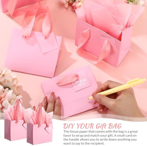 Qilery 50 Pcs Wedding Paper Gift Bags Bulk with Tissue Paper Small Gift Bags with Handle and Tags for Birthday Wedding 4th of July Party Business(Pink,4.7 x 2.4 x 3.9'') - Image 5