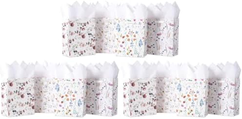 Loveinside Medium Size Gift Bags, Colorful Flower Pattern Gift Bag with Tissue Paper for Shopping, Parties, Wedding, Baby Shower, Craft-12 Pack, 7" X 4" X 9" by Loveinside