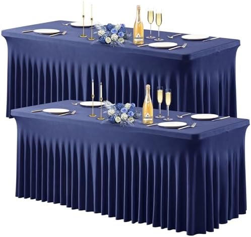 Wish Care 2 Pack Navy Blue Spandex Table Clothes for 4 Foot Rectangle Tables, 4FT Wrinkle Free Fitted Tablecloths Ruffles Design Table Cover for Party, Banquet, Wedding and Events by WishCare