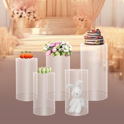 5PCS Clear Acrylic Cylinder Pedestal Stands 19.7''+21.6''+23.6''+29.5''+35.4'' Tall Round Display Pedestal Decor Background Dessert Table Pillars for Party Birthday Wedding Props Baby Shower Event Decoration - Image 5