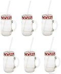 Sunshine Mason Co. Glass Mason Jar Drinking Mug set with handle, Red Gingham lids and Clear Straws, Set of 6 by Sunshine+Mason+Co.