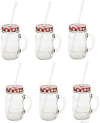 Sunshine Mason Co. Glass Mason Jar Drinking Mug set with handle, Red Gingham lids and Clear Straws, Set of 6 by Sunshine+Mason+Co.