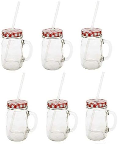 Sunshine Mason Co. Glass Mason Jar Drinking Mug set with handle, Red Gingham lids and Clear Straws, Set of 6 by Sunshine+Mason+Co.