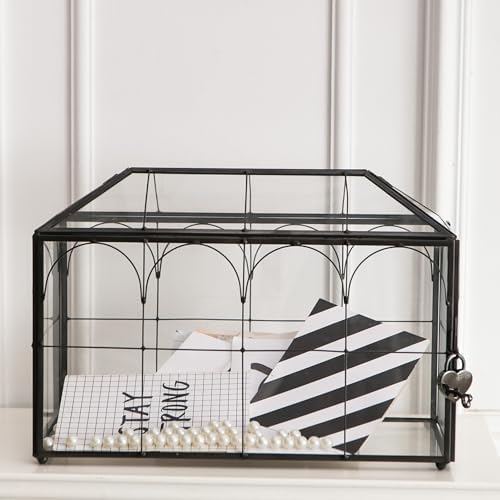Wedding Card Box with Slot, 12.6'' Large Glass Card Boxes for Reception, Black Geometric Holder, Clear Decorative Storage Box with Lock for Baby Shower, Birthday Party, Christmas, Bridal Shower - Image 2