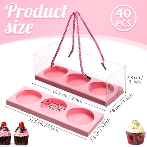 Thenshop 40 Pcs Clear Cupcake Boxes 9x3x3 in 3 Compartment Holder,Pink - Image 2