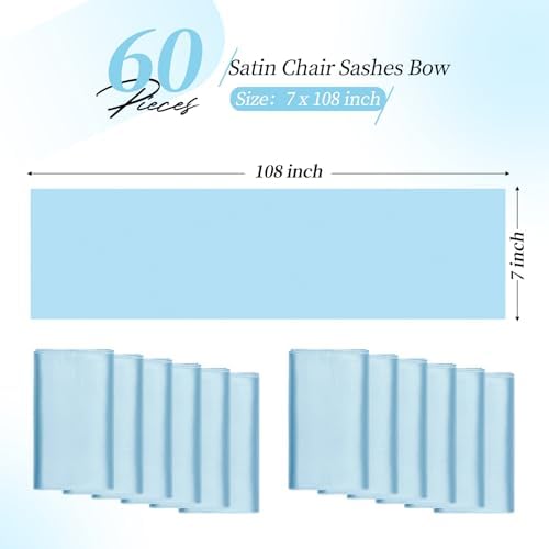 YMHPRIDE 60 PCS Light Blue Satin Chair Sashes, 7x108 Inch Ties Chair Bows - Image 2