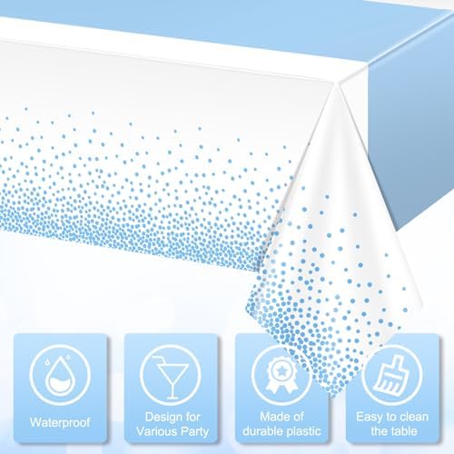12Pcs White Light Blue Tablecloth Party Decorations,Plastic White Table Cloth Printed Baby Blue Tables Runner Disposable Rectangle Table Cover for Birthday Baby Shower Wedding Party,54 x108 Inch - Image 4
