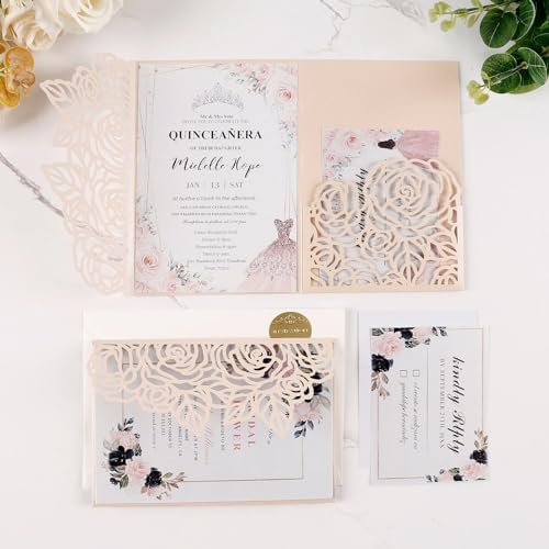 50pcs Tri-Fold Laser Cut Invitation with Envelope Blank Inner Sheets RSVP - Image 3