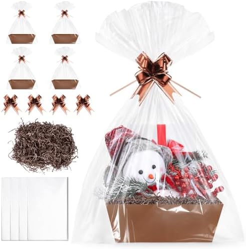 AFOROEOA 5 Pack Brown Baskets for Gifts Empty, 12x10x4” Kraft Gift Basket Kit with 5 Clear Bags, 5 Bows & 200g Crinkle Cut Paper - Large Empty Gift Baskets to Fill for Christmas, Weddings, Birthdays by AFOROEOA