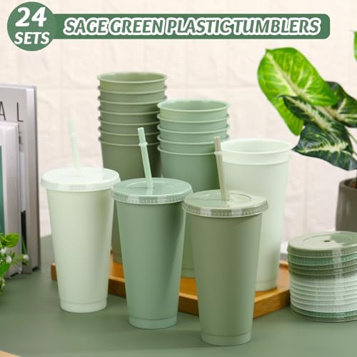 Skylety 36 Pcs Sage Green Plastic Cups with Lids and Straws 24 oz - Image 4