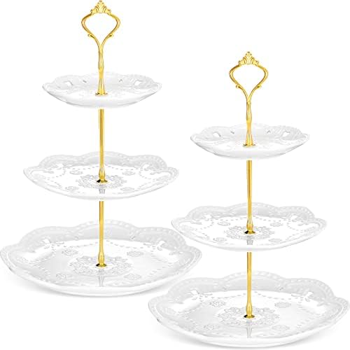 Tatuo 2 Pcs 3 Tier Porcelain Cupcake Stand, Holder Tower, Lace Round Shape by Tatuo