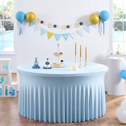 6 Pack Spandex Baby Blue Round Tablecloths for 60in Table, Stretchy 120inch Fitted 5ft Table Cloths, Wrinkle Free Round Tablecovers Skirt for Wedding Birthday Parties Baby Shower Banquet - Image 6