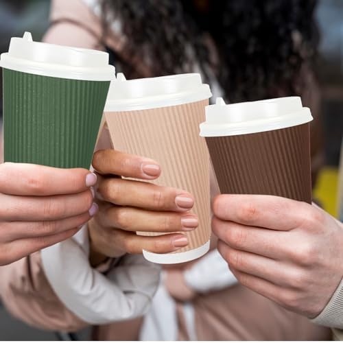 Whaline 100 Pcs Woodland Themed Disposable Coffee Cups with Lids 16 Oz Brown Green Paper Cup Corrugated Ripple Wall Insulated Hot Cup for Home Office Party Supplies - Image 5