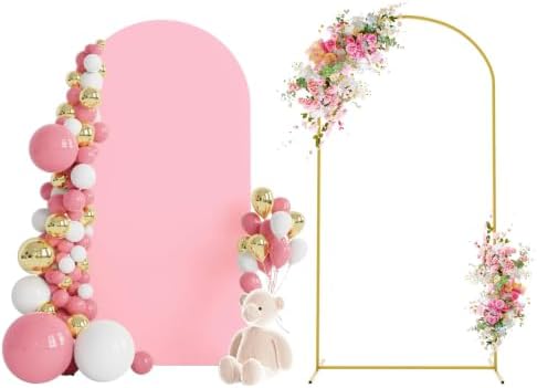 Wokceer 6.6FT Arch Backdrop Stand and Cover Set,Arch Stand with Pink Cover by Wokceer