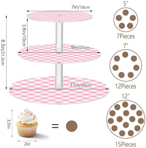 Pink Gingham Acrylic Cupcake Stand 3 Tier, Clear Cake Display Tower with Non-Slip Pads, Cupcake Holder for Party, Birthday, Wedding, Dessert Table - Image 3