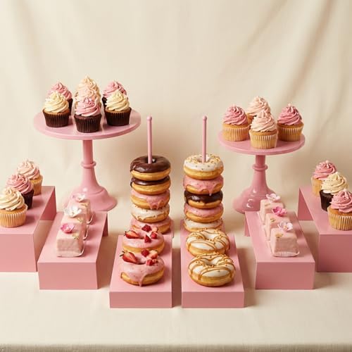 Pink 11Pcs Metal Dessert Display Set Round Cake Stand Riser Platter - Image 5