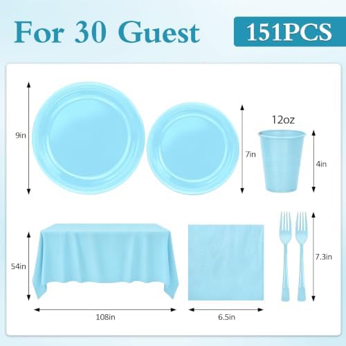 Light Blue Plastic Plates Party Set 30 Guests for Wedding Birthday - Image 3