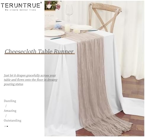 Teruntrue 20 Pack Taupe Cheesecloth Table Runner 17x108 Inch, Boho Gauze Sheer Fabric Cheese Cloth Table Runners for Wedding Party Bridal Shower Baby Shower Birthday Home Decor Garden Farmhouse - Image 5