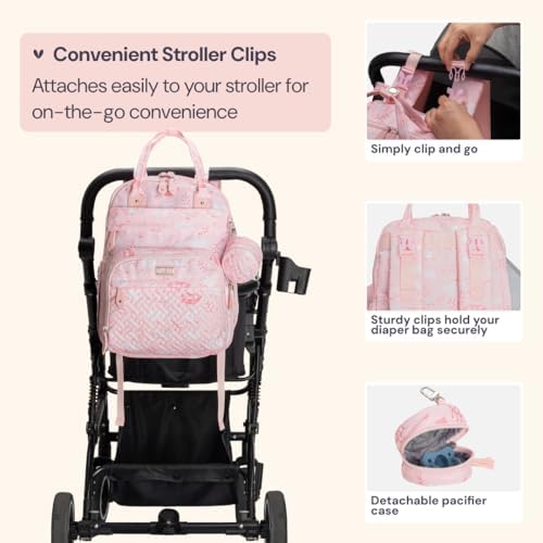 BabbleRoo Diaper Bag Backpack - Baby Essentials Travel Tote - Multi Function Water Resistant Diaper Bag, Travel Essentials Baby Bag with Changing Pad, Stroller Straps & Pacifier Case - Pink Birdy - Image 6