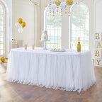 252in White Tulle Table Skirts for Rectangle Tables 8ft, 2-Layer Gold Grim Ruffle Tulle Tutu Cloth Table Skirt 21ft Long for Wedding Birthday Party Baby Shower Cake Dessert Tables(No Table Cover) - Image 4