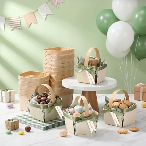 30 Pack Fruit Baskets Wood Small Picnic Berry Basket with Handle Mini Baskets for Gifts Sage Green Farmers Display Basket with Ribbon and Napkins for Camping(Plaid) - Image 6