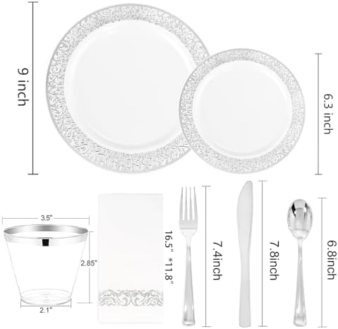 WELLIFE 210pcs Dinnerware Set - Silver Rimmed Plastic Plates Disposable Heavy Duty, Disposable Plastic Plates with Silver Rim, Water-proof, Break-proof, Best Choice for Any Party - Image 2