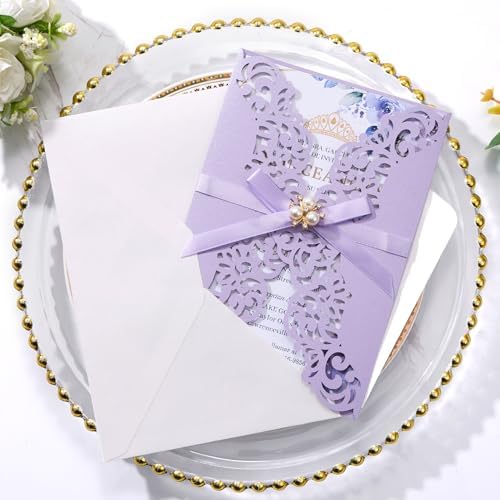 50pcs Purple Wedding Invitations with Envelopes and Rsvp Cards Luxury Pearl - Image 3