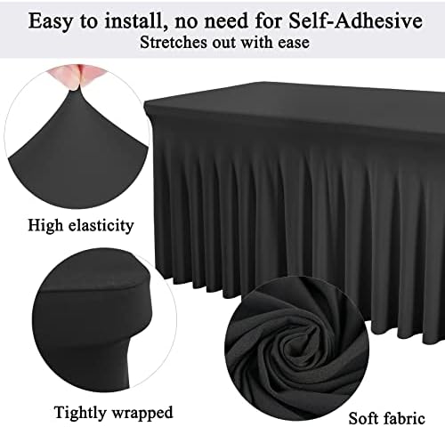 Besutolife 8ft Black Tablecloths Rectangle Spandex Tablecloth Wrinkle-Resistant Ruffles Design for Banquets Parties Wedding Dining Table - Image 3