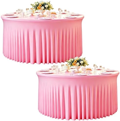 2 Pack 132inch Pink Round Tablecloth, Circle Stretch Table Cloths for 6 FT Tables, Wrinkle Free Round Table Skirt for Wedding Birthday Photography Party Social Events Engagement Party Decorations by Creativepartyuniquedecorat