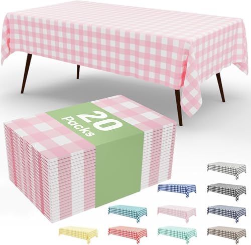 Smiry 20 Packs Gingham Disposable Table Cloth, 54 x 108 Inch Waterproof Plastic Tablecloth, Rectangle Pink and White Checkered Table Covers for Picnic, Birthday, Valentines by Smiry