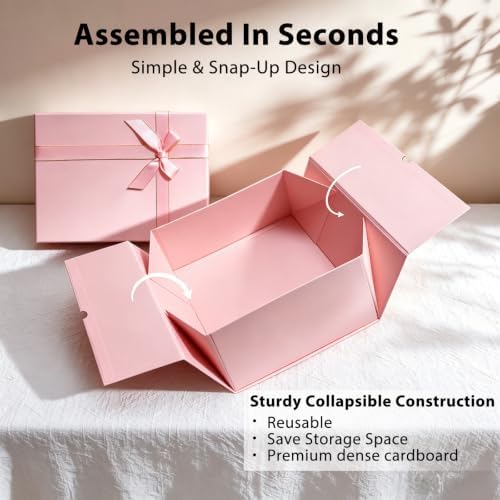 3 Pack Pink Gift Boxes for Presents - 13" x 10" x 5" Large Pink Gift Boxes with Separate Lids, Greeting Cards & Shredded Paper, Foldable Gift Box Set for Birthday, Wedding, Baby Shower, Anniversaries & Holiday Gifts - Image 3