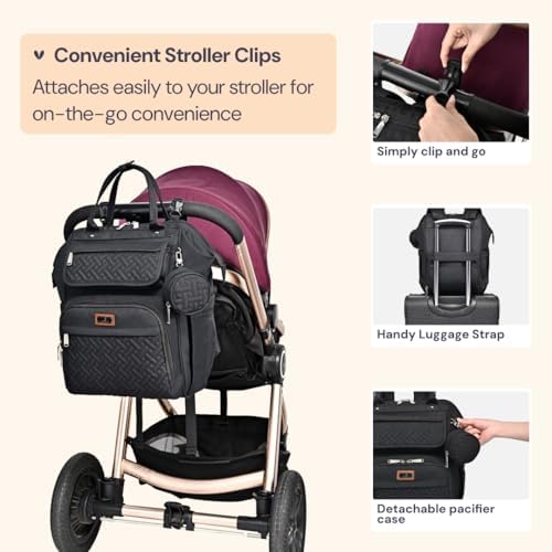 BabbleRoo Diaper Bag Backpack, Multifunction Nappy Changing Bag with Changing Pad, Stroller Straps & Pacifier Case, Unisex Stylish Travel Back Pack for Moms & Dads - Black - Image 6