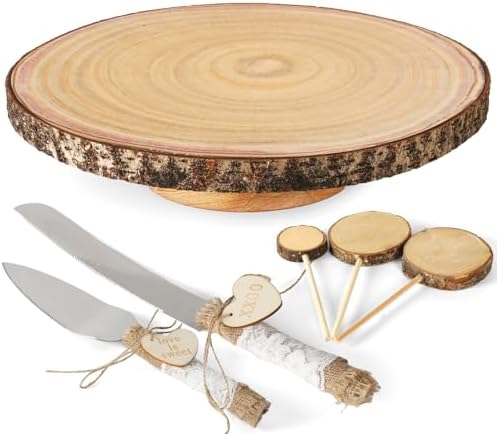 Relaxing Garden 12 Inch Bark Edge Wood Cake Stand Set with Toppers by RlexingGarden%E2%80%98sDecor