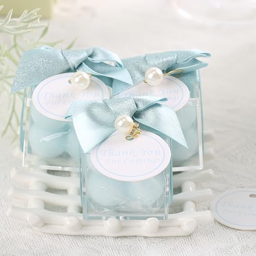 ACITHGL 30 Sets Fully Assembled Small Bubble Candle Party Favors for Guests Bulk Bridal Showers Favors Candles with Stylish Ribbons Thank You Cards Gifts (Shimmering Blue) - Image 5