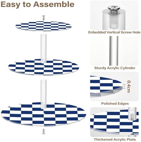 J JOYSAY Chess Checkerboard Blue White Print Acrylic Cupcake Stand 3 Tier Dessert Table Display Set Clear Cake Stands for Baby Shower Party Wedding Decorations Easy Assembly Macaron Tower - Image 2