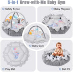 5-in-1 Baby Gym Play Mat with Cartoon Pattern, Extra Thick Plush Tummy Time Activity Gym with Hanging Toys, Sensory Development & Motor Skills Training Floor Mat, Elephant - Image 2