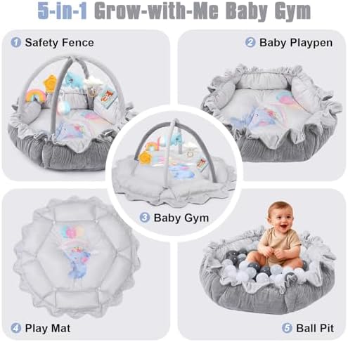 5-in-1 Baby Gym Play Mat with Cartoon Pattern, Extra Thick Plush Tummy Time Activity Gym with Hanging Toys, Sensory Development & Motor Skills Training Floor Mat, Elephant - Image 2