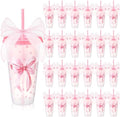 Willinglong 24 Pink Bow Cups with Lid Straw Galentines Party Favor 24 oz by Willinglong