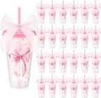 Willinglong 24 Pink Bow Cups with Lid Straw Galentines Party Favor 24 oz by Willinglong