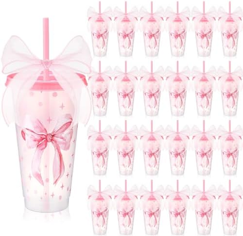 Willinglong 24 Pink Bow Cups with Lid Straw Galentines Party Favor 24 oz by Willinglong